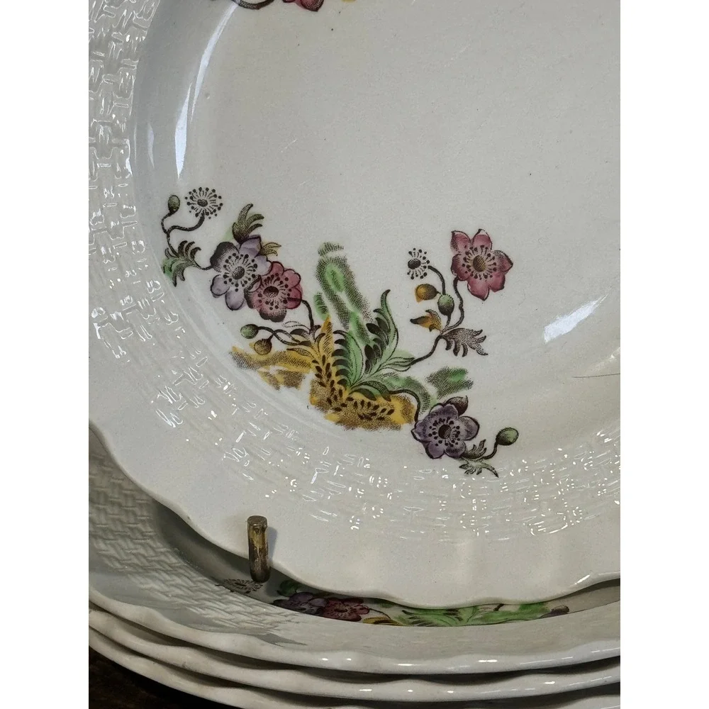 Four Copeland Spode Wicker Lane Floral Basketweave Scalloped Bread Plates